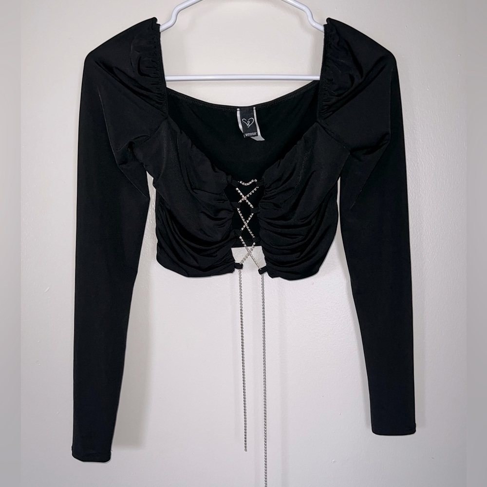 Windsor store, black diamond lace up crop top